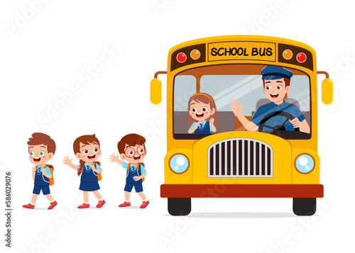 little kids boy and girl ride school bus and go home from school