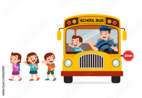 little kids boy and girl ride school bus and go home from school
