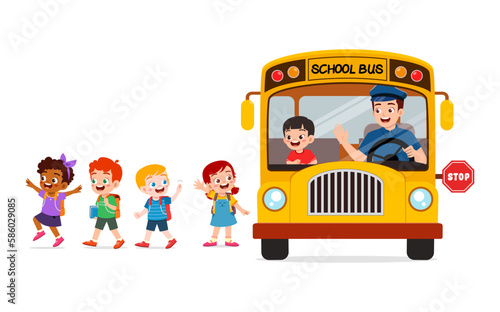 little kids boy and girl ride school bus and go home from school