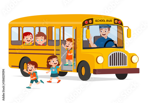 little kids boy and girl ride school bus and go home from school