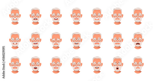 Set of different emotions of an old white bearded man in glasses. Facial expression of a handsome elderly man with gray hair. Smile, happiness, anger, disappointment, sadness, surprise, fear.