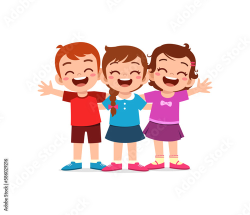little kids huddle together with friends and feel happy