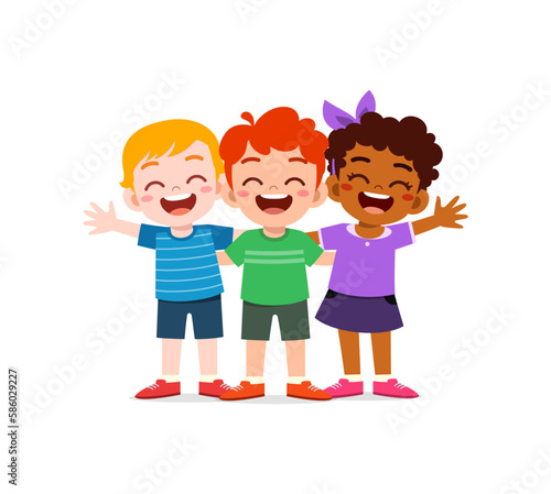 little kids huddle together with friends and feel happy