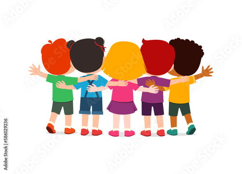 little kids huddle together with friends and feel happy, back view