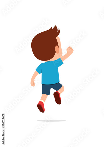 little kid jump and feel happy, back view