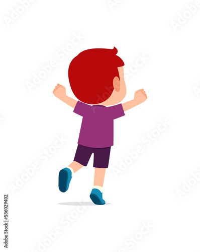 little kid jump and feel happy, back view