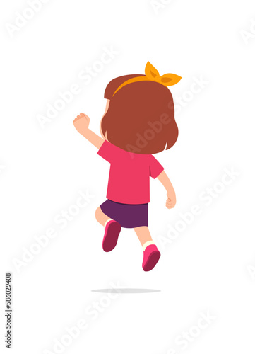 little kid jump and feel happy, back view