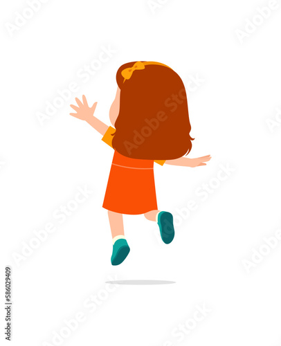 little kid jump and feel happy, back view