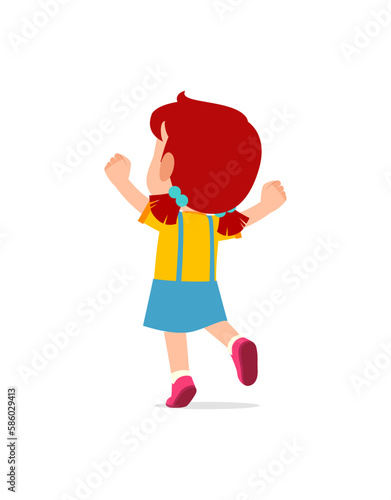 little kid jump and feel happy, back view