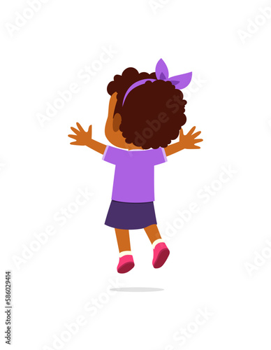 little kid jump and feel happy, back view
