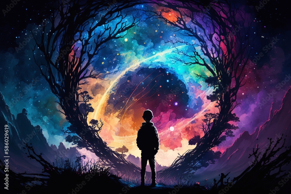 Fototapeta premium boy looking for a colorful galaxy in the sky. Generative Ai 