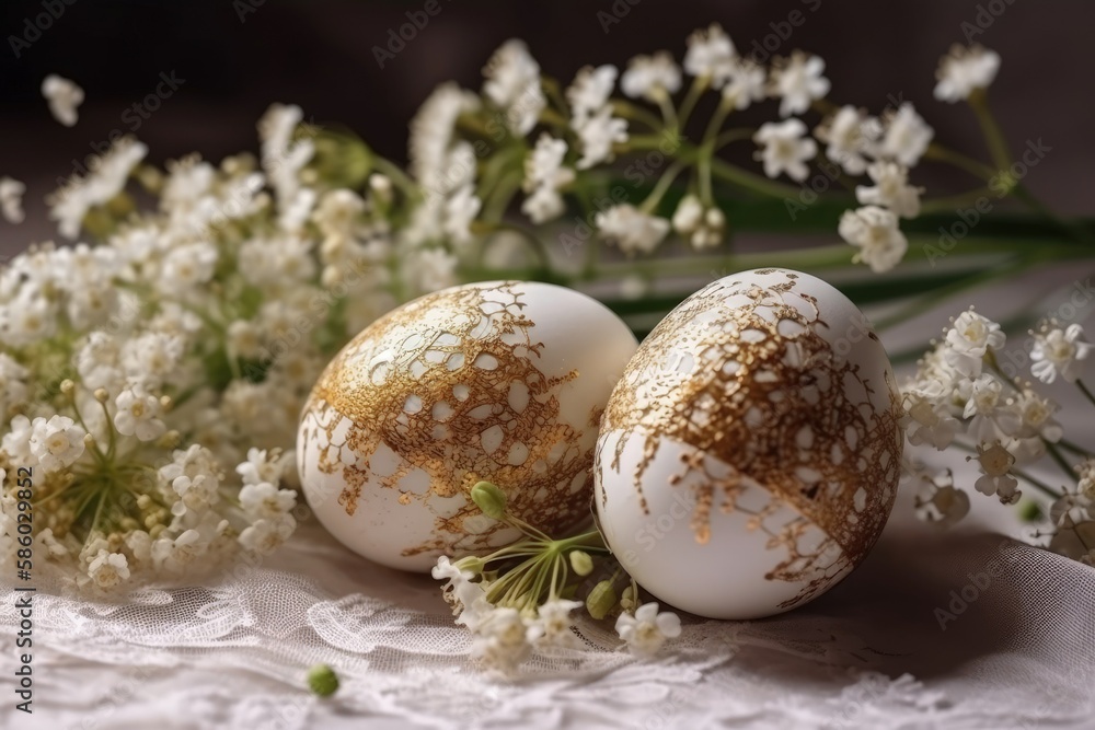 Illustration of two Easter eggs with white and gold decorations on a table created with Generative AI technology Illustration of two Easter eggs with white and gold decorations on a table created with Generative AI technology