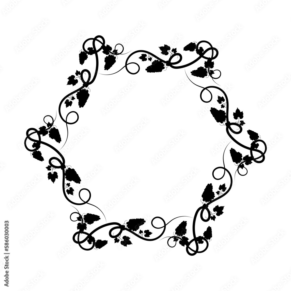 Hexagonal frame for wine packaging. Bunch of grapes with leaves and tendrils. Autumn harvesting. Advertising label with berry silhouette. Black vector Hexagonal frame for wine packaging. Bunch of grapes with leaves and tendrils. Autumn harvesting. Advertising label with berry silhouette. Black vector