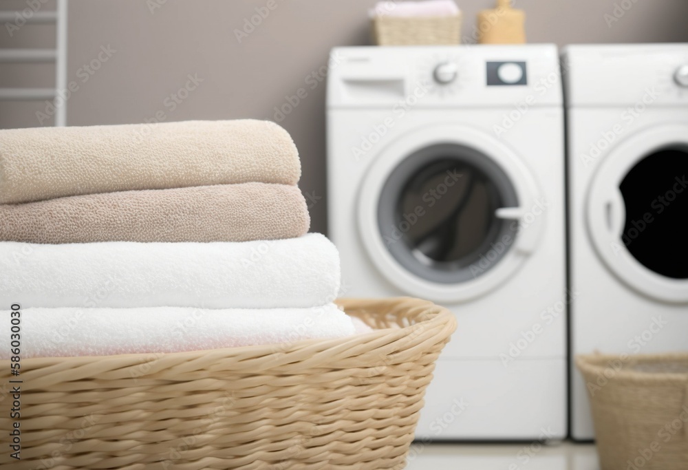 stack of towels in a basket in the laundry room stack of towels in a basket in the laundry room