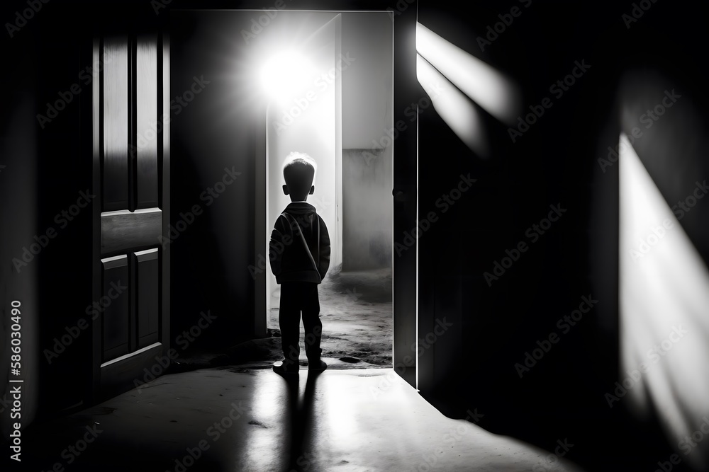 Fototapeta premium Rendering of Divine Light on Impoverished Boy. Generative AI. 
