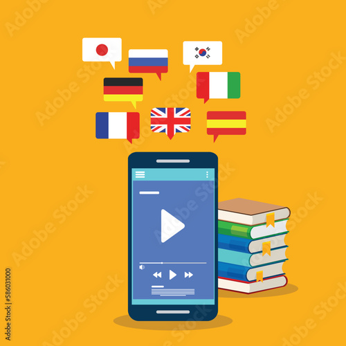 Learning Foreign Language Courses. Smartphone with Educational App. Vector illustration