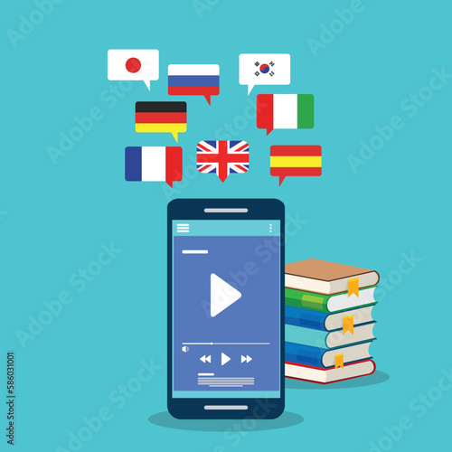 Learning Foreign Language Courses. Smartphone with Educational App. Vector illustration