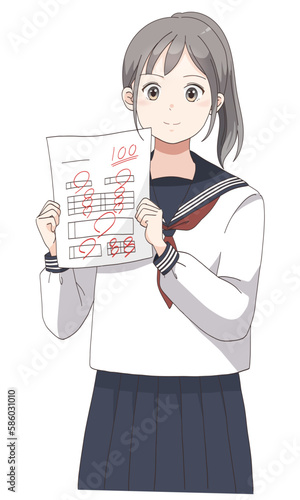 テストで100点満点を取る学生服の女の子(ポニーテールへア)