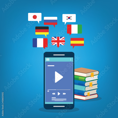 Learning Foreign Language Courses. Smartphone with Educational App. Vector illustration
