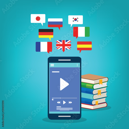 Learning Foreign Language Courses. Smartphone with Educational App. Vector illustration