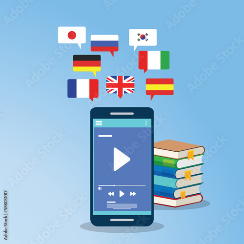 Learning Foreign Language Courses. Smartphone with Educational App. Vector illustration