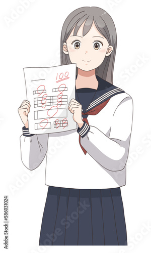 テストで100点満点を取る学生服の女の子(ロングへア)