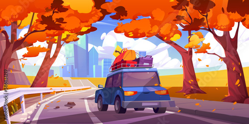 Car drives on road to city. Autumn landscape with town buildings on skyline, highway, trees and fields with orange grass. Concept of travel, street traffic, road trip, vector cartoon illustration