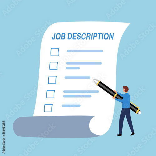 Company employee writing job description in flat design.