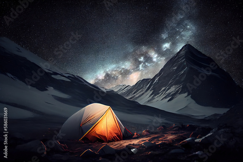Amazing starry night sky in the mountains and illuminated tent at campsite. Generative Ai