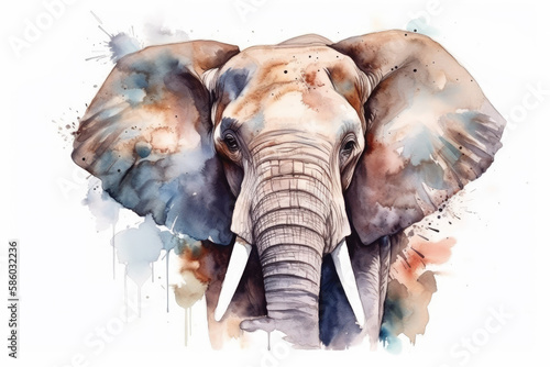 elephant head , animal, watercolor illustration isolated on white background, generative AI