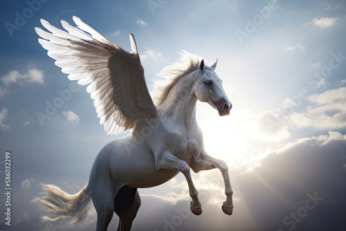 pegasus, a mythological animal, a horse with wings, gallops against the sky, generative AI