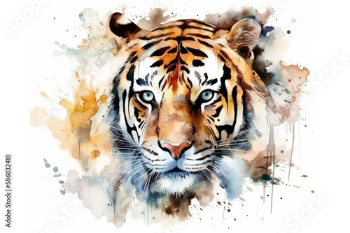 tiger head , animal, watercolor illustration isolated on white background, generative AI