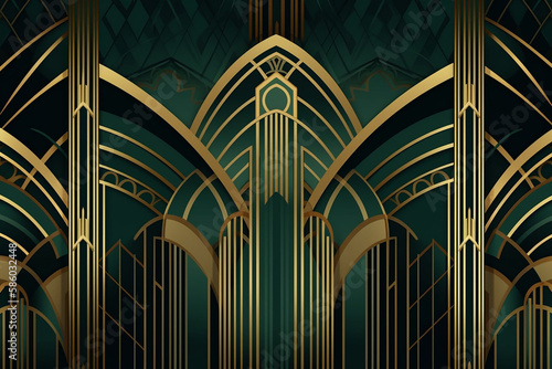 Abstract architecture background in art deco style. Golden lines on a green background.  Generative AI.