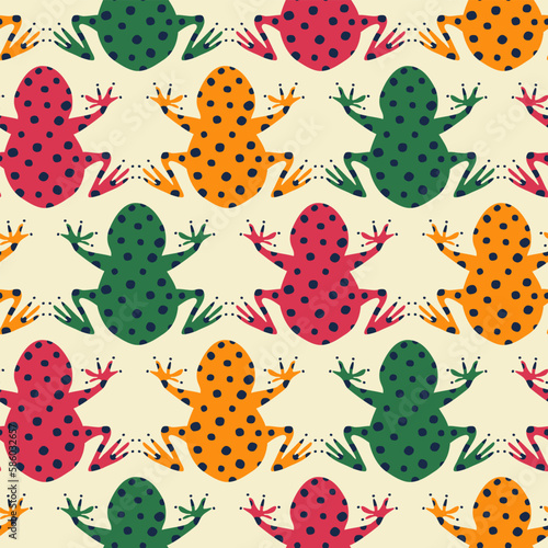 Colorful spotted frogs hand drawn vector illustration. Jungle animal seamless pattern for kids fabric or wallpaper.