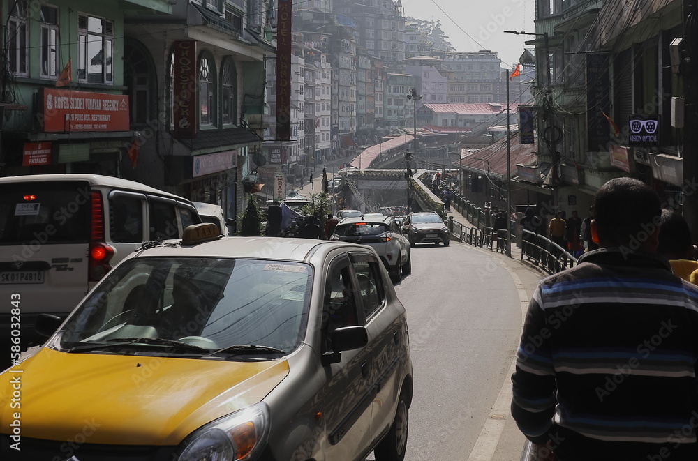 Gangtok, Sikkim, India - 14th November 2022: busy street of gangtok, the beautiful hill station is the capital city of sikkim