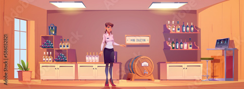 Wine shop interior with woman sommelier cartoon illustration. Alcohol store vector background with barrel, bottle on shelf and wooden stand for winery assortment storage. Stacked vine production.