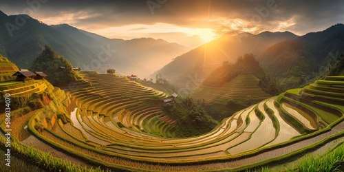 Panorama rice fields on terraced in sunset at mu cang chai Generative AI