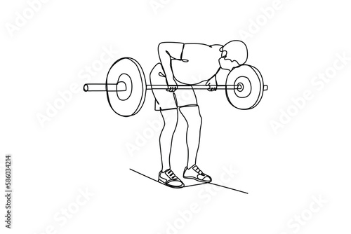 Single one-line drawing a man lifting barbel in the gym. fitness tools concept. Continuous line drawing design graphic vector illustration.