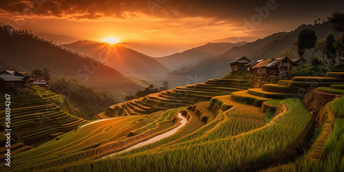 Sunlight at twilight of rice farm landscape. pa bong piang terraced rice fields, mae chaem, chiang mai thailand Generative AI photo