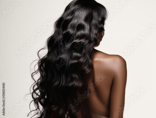 Woman with long and shiny hair on isolated background. back view. Generative AI