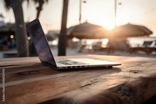 Beach Laptop. Business and Technology on Outdoor Table with Blurred Background