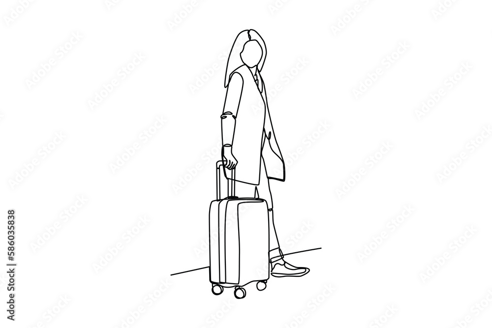 Continuous one-line drawing a woman carrying suitcase to the plane. Airport activity concept. Single line drawing design graphic vector illustration