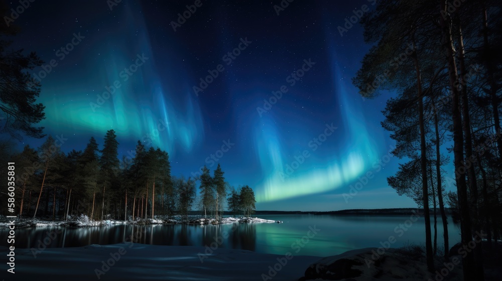 Northern lights in the sky of Sweden. Aurora borealis. Generative AI