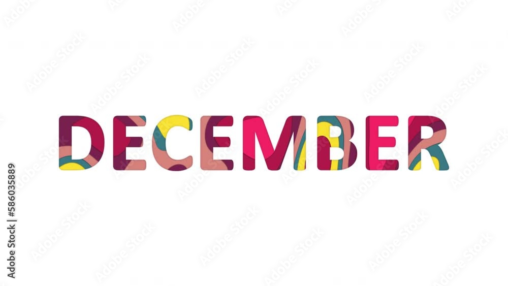 Multi-colored inscription name of the month DECEMBER with colored spots floating inside. Looped from frame 120 to 839, Alpha BW at the end Multi-colored inscription name of the month DECEMBER with colored spots floating inside. Looped from frame 120 to 839, Alpha BW at the end