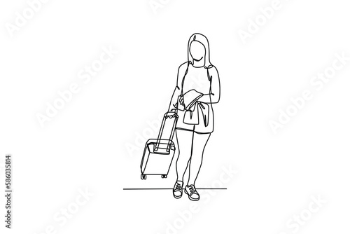 Continuous one-line drawing long hair women walking with suitcases in the airport. Airport activity concept. Single line drawing design graphic vector illustration