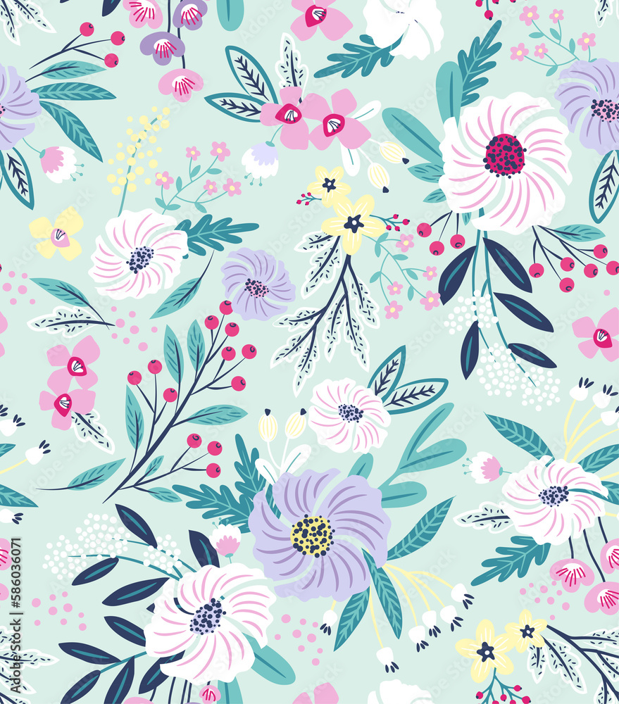 Garden flower, plants, botanical, seamless design for fashion, fabric, wallpaper and all prints on mint green background color. Cute pattern in a small flower. Small colorful flowers.