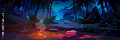 Cartoon night glade with campfire. Vector illustration of dark tropical forest with lianas on trees above lake, fireflies shimmering in darkness, fire burning and smoldering, sleeping bag on ground