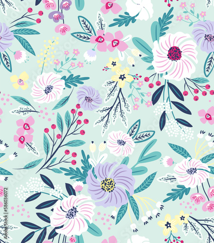 Garden flower  plants  botanical  seamless vector design for fashion  fabric  wallpaper and all prints on mint green background color. Cute pattern in a small flower. Small colorful flowers.