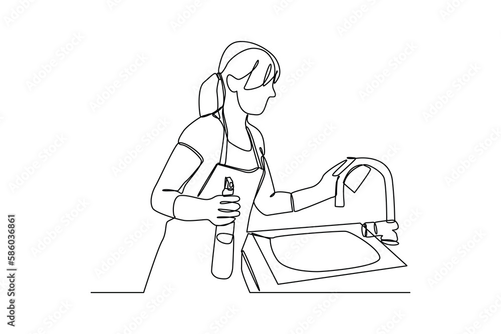 Continuous one-line drawing a woman cleaning the sink. Kitchen activity concept. Single line drawing design graphic vector illustration