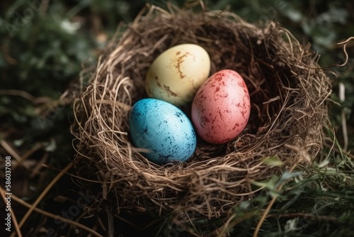 Illustration of three eggs in a nest on the ground created with Generative AI technology